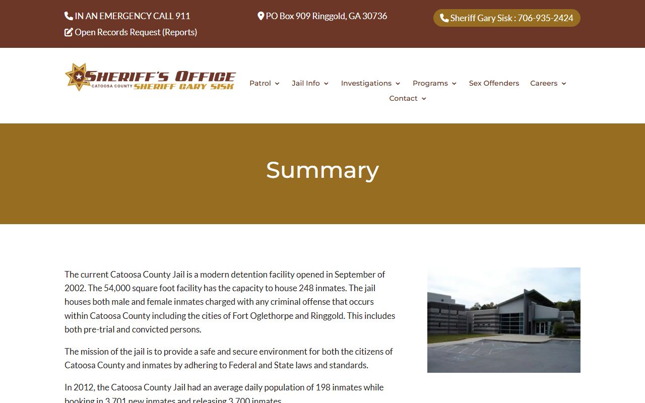 Catoosa County Sheriff's Office summary page describing the county jail