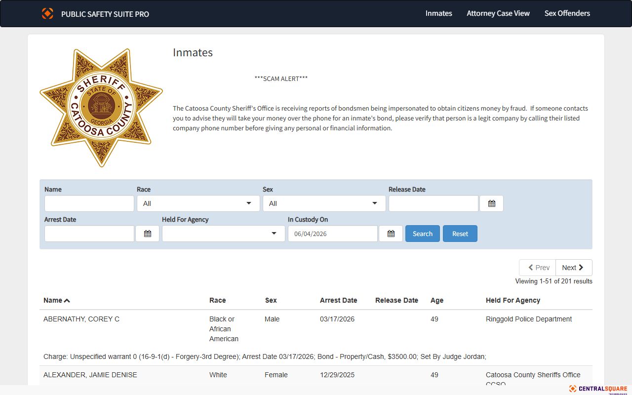 Catoosa County jail roster search fields in Zuercher portal